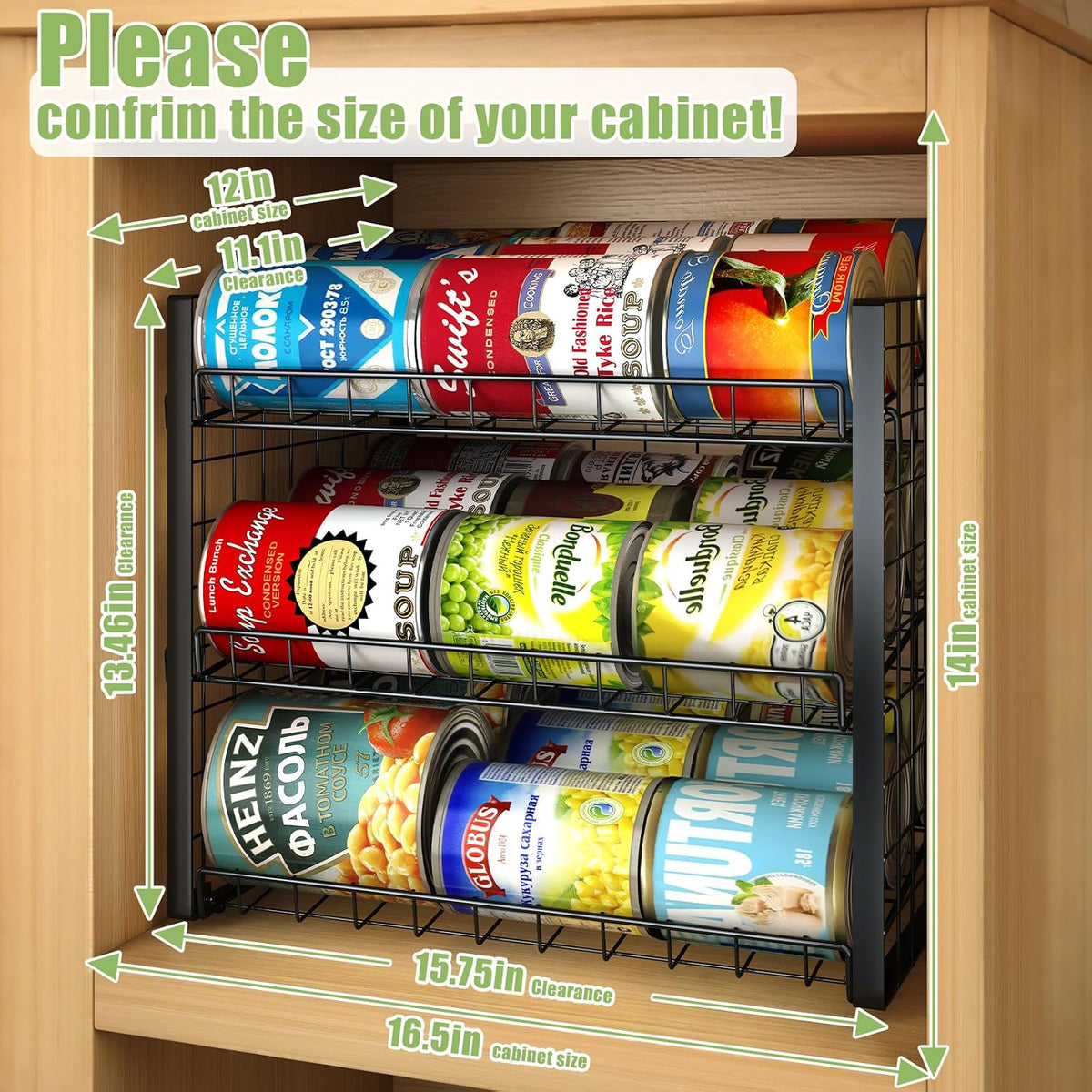 2-Tier Stackable Rack Organizer for Pantry, Adjustable Dispenser Holds Up to 120 Cans, Storage Holder for Various Ounces of Canned Drinks, Black