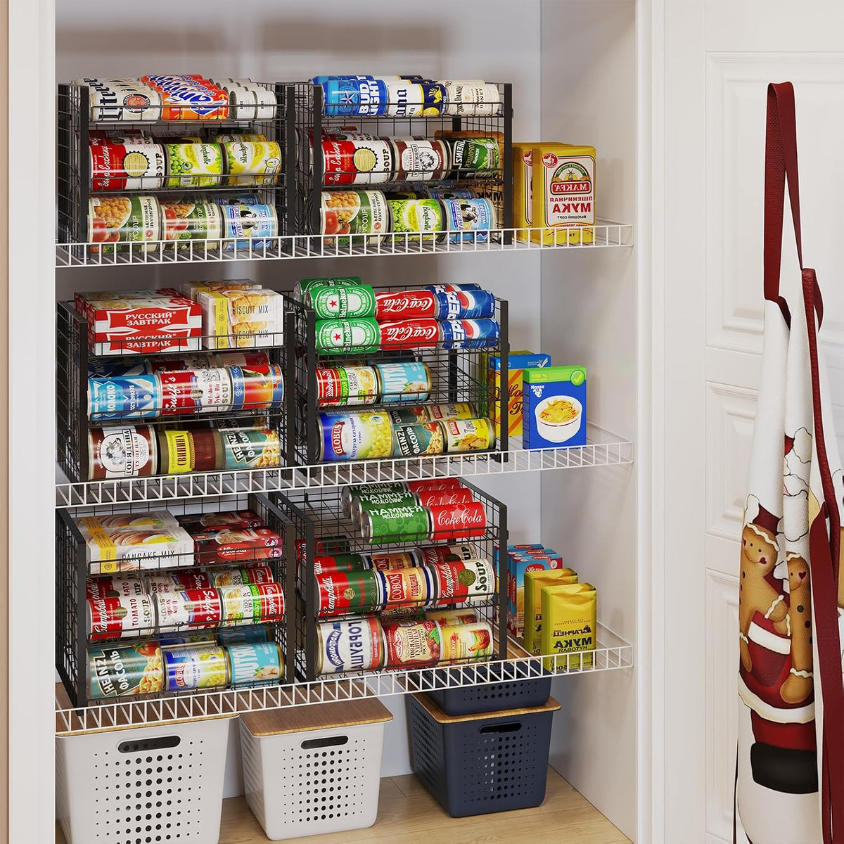 2-Tier Stackable Rack Organizer for Pantry, Adjustable Dispenser Holds Up to 120 Cans, Storage Holder for Various Ounces of Canned Drinks, Black