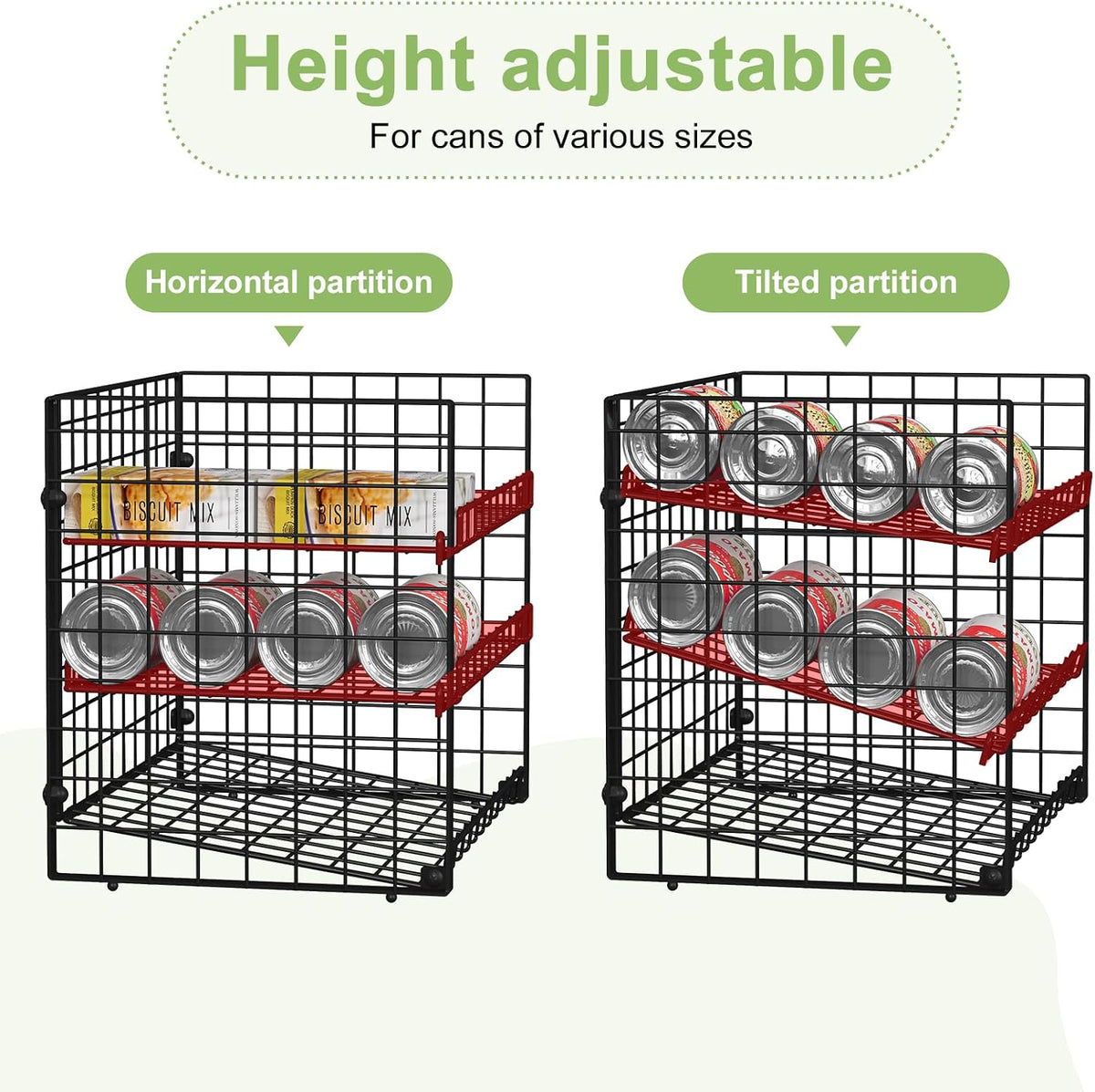 2-Tier Stackable Rack Organizer for Pantry, Adjustable Dispenser Holds Up to 120 Cans, Storage Holder for Various Ounces of Canned Drinks, Black