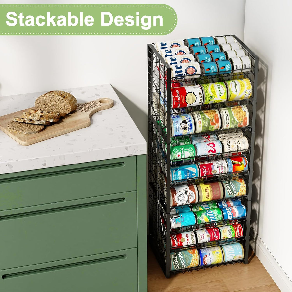 2-Tier Stackable Rack Organizer for Pantry, Adjustable Dispenser Holds Up to 120 Cans, Storage Holder for Various Ounces of Canned Drinks, Black