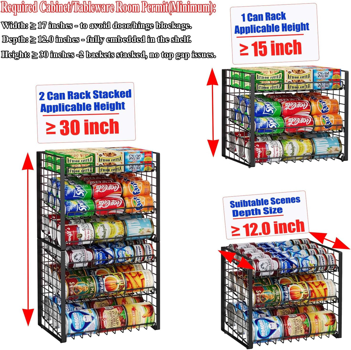 2-Tier Stackable Rack Organizer for Pantry, Adjustable Dispenser Holds Up to 120 Cans, Storage Holder for Various Ounces of Canned Drinks, Black