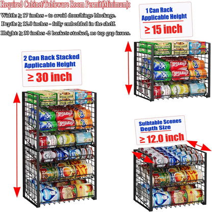 2-Tier Stackable Rack Organizer for Pantry, Adjustable Dispenser Holds Up to 120 Cans, Storage Holder for Various Ounces of Canned Drinks, Black