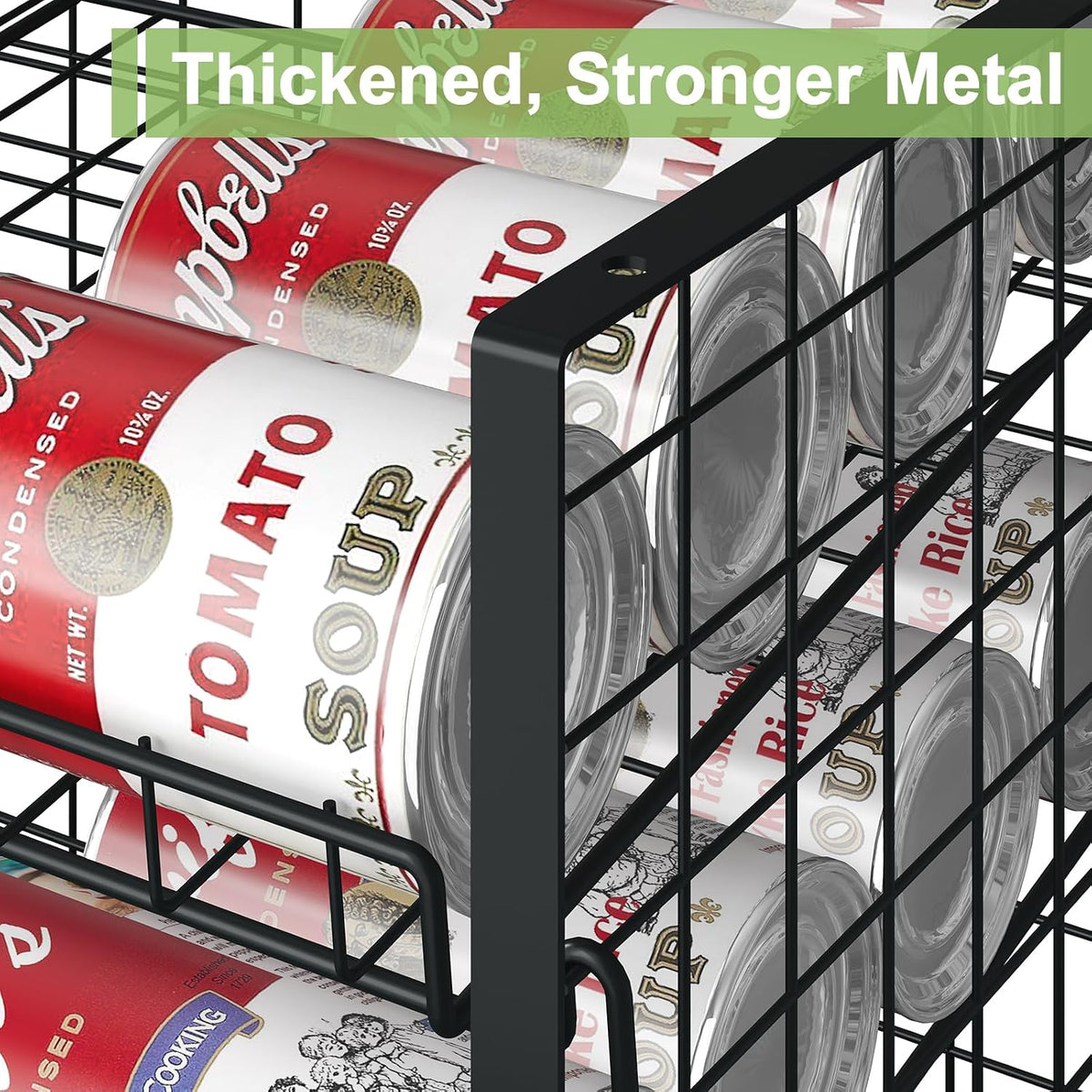2-Tier Stackable Rack Organizer for Pantry, Adjustable Dispenser Holds Up to 120 Cans, Storage Holder for Various Ounces of Canned Drinks, Black
