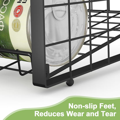 2-Tier Stackable Rack Organizer for Pantry, Adjustable Dispenser Holds Up to 120 Cans, Storage Holder for Various Ounces of Canned Drinks, Black