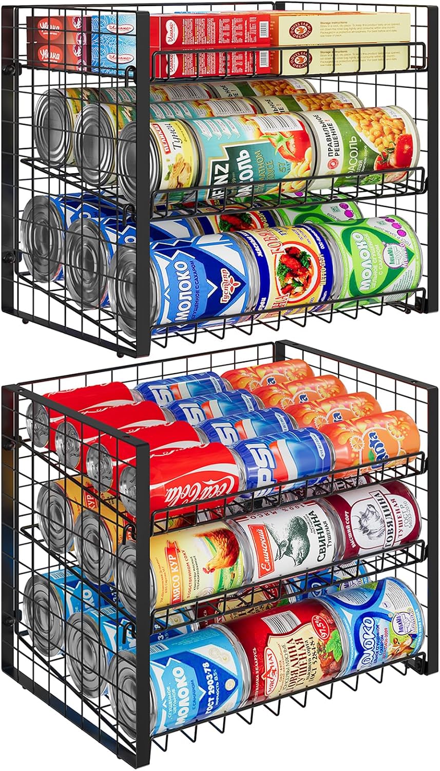 2-Tier Stackable Rack Organizer for Pantry, Adjustable Dispenser Holds Up to 120 Cans, Storage Holder for Various Ounces of Canned Drinks, Black