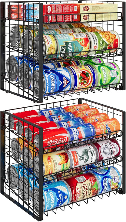 2-Tier Stackable Rack Organizer for Pantry, Adjustable Dispenser Holds Up to 120 Cans, Storage Holder for Various Ounces of Canned Drinks, Black