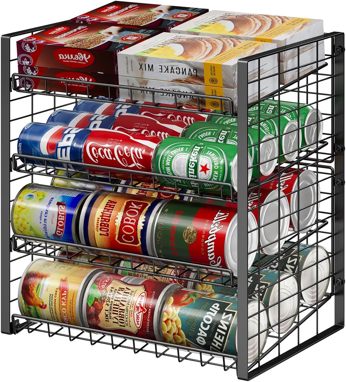 2-Tier Stackable Rack Organizer for Pantry, Adjustable Dispenser Holds Up to 120 Cans, Storage Holder for Various Ounces of Canned Drinks, Black