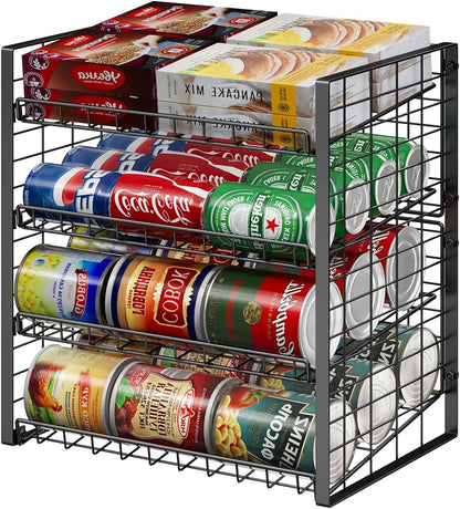 2-Tier Stackable Rack Organizer for Pantry, Adjustable Dispenser Holds Up to 120 Cans, Storage Holder for Various Ounces of Canned Drinks, Black