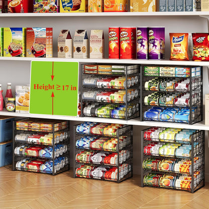 2-Tier Stackable Rack Organizer for Pantry, Adjustable Dispenser Holds Up to 120 Cans, Storage Holder for Various Ounces of Canned Drinks, Black