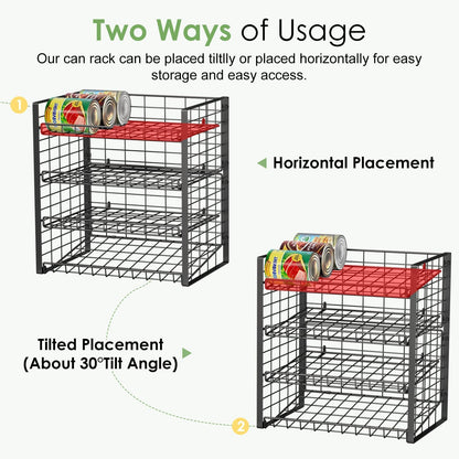 2-Tier Stackable Rack Organizer for Pantry, Adjustable Dispenser Holds Up to 120 Cans, Storage Holder for Various Ounces of Canned Drinks, Black