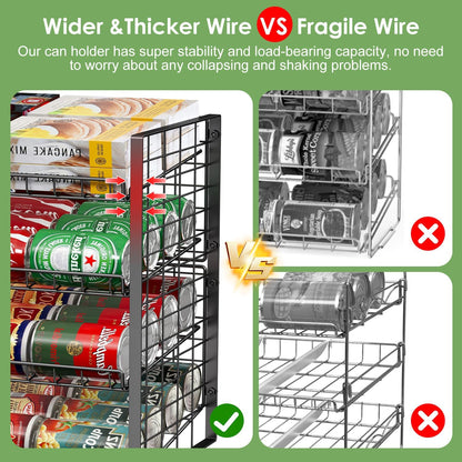 2-Tier Stackable Rack Organizer for Pantry, Adjustable Dispenser Holds Up to 120 Cans, Storage Holder for Various Ounces of Canned Drinks, Black