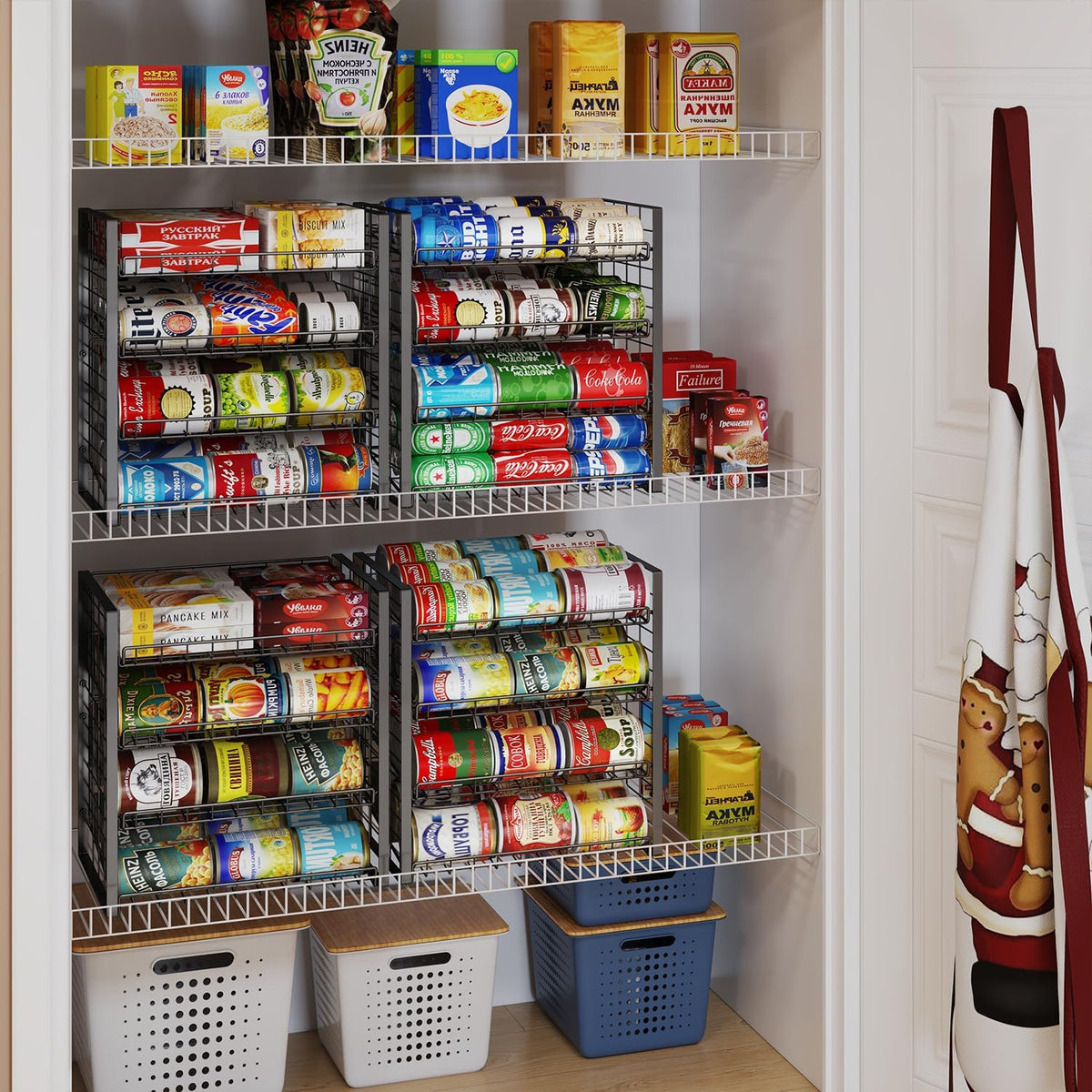 2-Tier Stackable Rack Organizer for Pantry, Adjustable Dispenser Holds Up to 120 Cans, Storage Holder for Various Ounces of Canned Drinks, Black