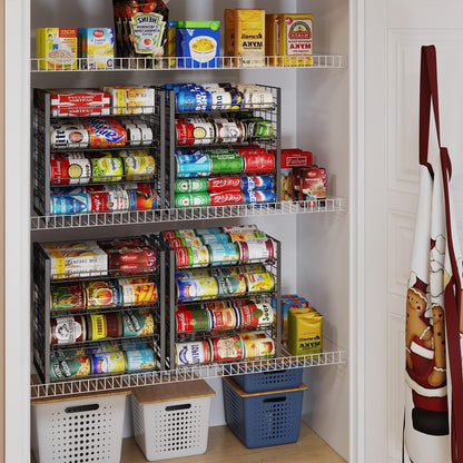 2-Tier Stackable Rack Organizer for Pantry, Adjustable Dispenser Holds Up to 120 Cans, Storage Holder for Various Ounces of Canned Drinks, Black