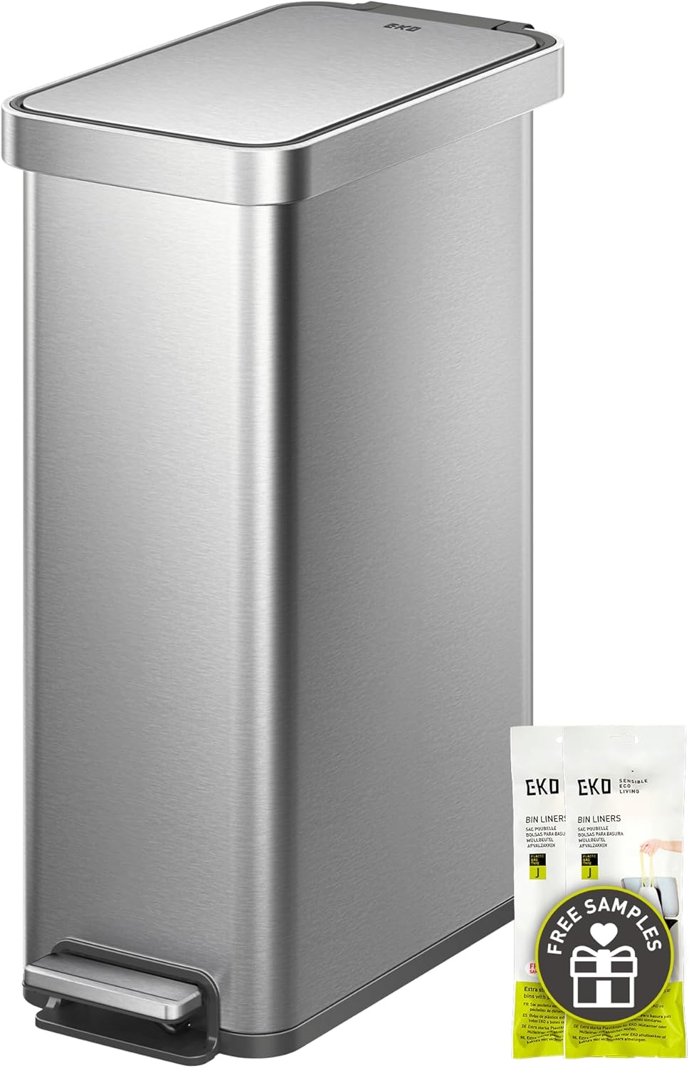 Hudson Slim 50L / 13.2 Gallon Kitchen Trash Can with Lid, Stainless Steel Step Garbage Can for Kitchen or Home, Space-Saving Garbage Can with Soft Close Lid, Stay-Open, Liner Ring, Handle