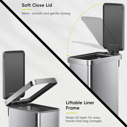 Hudson Slim 50L / 13.2 Gallon Kitchen Trash Can with Lid, Stainless Steel Step Garbage Can for Kitchen or Home, Space-Saving Garbage Can with Soft Close Lid, Stay-Open, Liner Ring, Handle