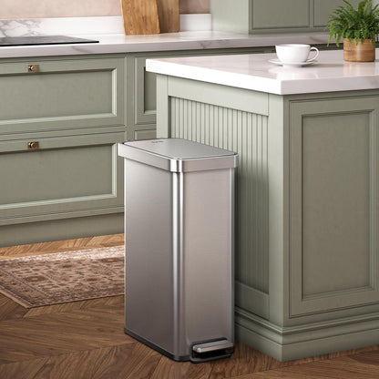 Hudson Slim 50L / 13.2 Gallon Kitchen Trash Can with Lid, Stainless Steel Step Garbage Can for Kitchen or Home, Space-Saving Garbage Can with Soft Close Lid, Stay-Open, Liner Ring, Handle