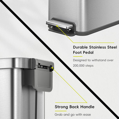 Hudson Slim 50L / 13.2 Gallon Kitchen Trash Can with Lid, Stainless Steel Step Garbage Can for Kitchen or Home, Space-Saving Garbage Can with Soft Close Lid, Stay-Open, Liner Ring, Handle