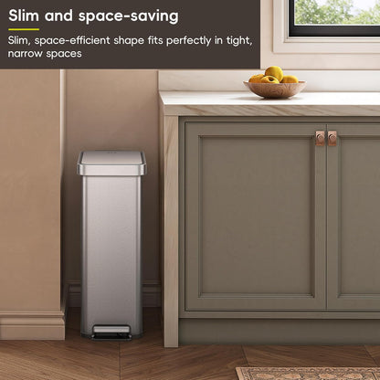 Hudson Slim 50L / 13.2 Gallon Kitchen Trash Can with Lid, Stainless Steel Step Garbage Can for Kitchen or Home, Space-Saving Garbage Can with Soft Close Lid, Stay-Open, Liner Ring, Handle