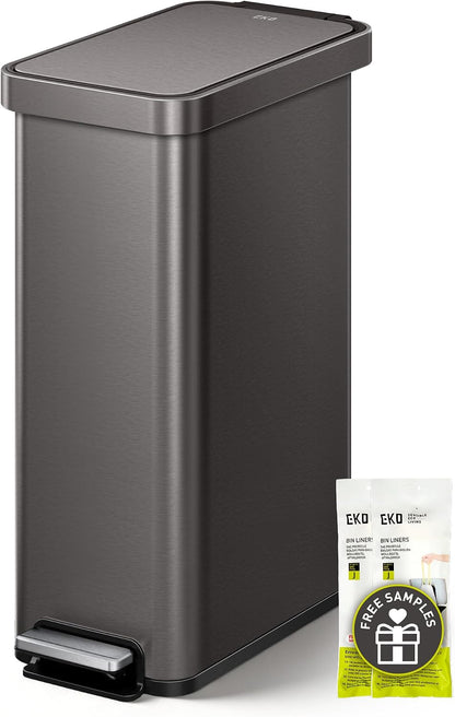 Hudson Slim 50L / 13.2 Gallon Kitchen Trash Can with Lid, Stainless Steel Step Garbage Can for Kitchen or Home, Space-Saving Garbage Can with Soft Close Lid, Stay-Open, Liner Ring, Handle