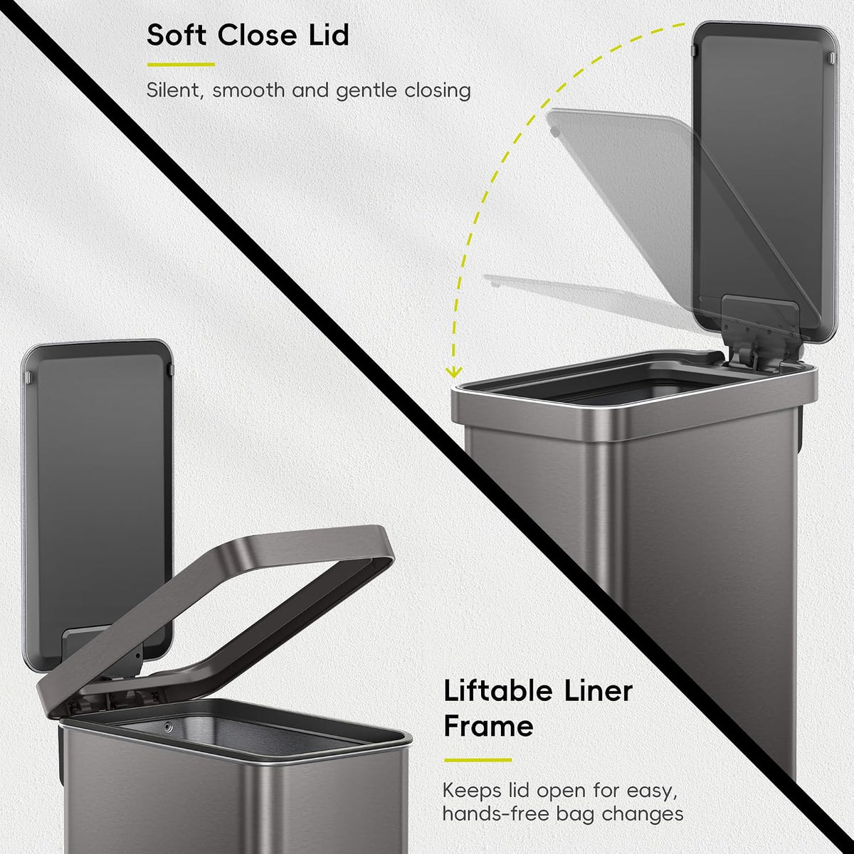 Hudson Slim 50L / 13.2 Gallon Kitchen Trash Can with Lid, Stainless Steel Step Garbage Can for Kitchen or Home, Space-Saving Garbage Can with Soft Close Lid, Stay-Open, Liner Ring, Handle