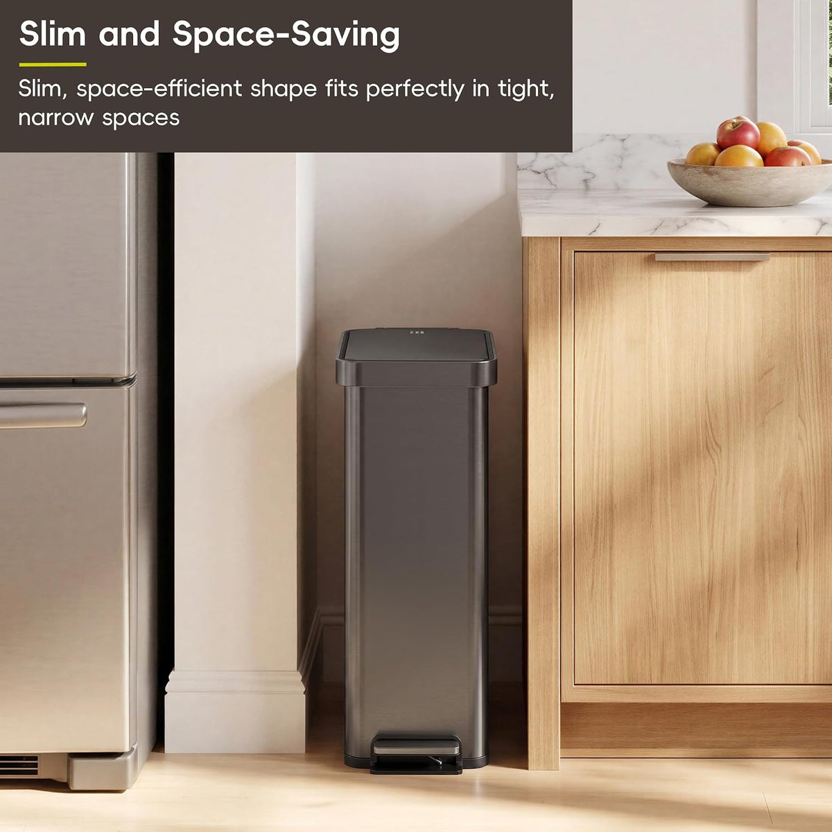 Hudson Slim 50L / 13.2 Gallon Kitchen Trash Can with Lid, Stainless Steel Step Garbage Can for Kitchen or Home, Space-Saving Garbage Can with Soft Close Lid, Stay-Open, Liner Ring, Handle