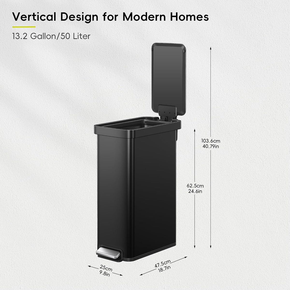 Hudson Slim 50L / 13.2 Gallon Kitchen Trash Can with Lid, Stainless Steel Step Garbage Can for Kitchen or Home, Space-Saving Garbage Can with Soft Close Lid, Stay-Open, Liner Ring, Handle