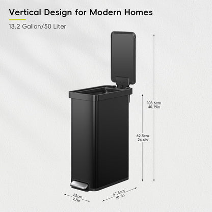 Hudson Slim 50L / 13.2 Gallon Kitchen Trash Can with Lid, Stainless Steel Step Garbage Can for Kitchen or Home, Space-Saving Garbage Can with Soft Close Lid, Stay-Open, Liner Ring, Handle