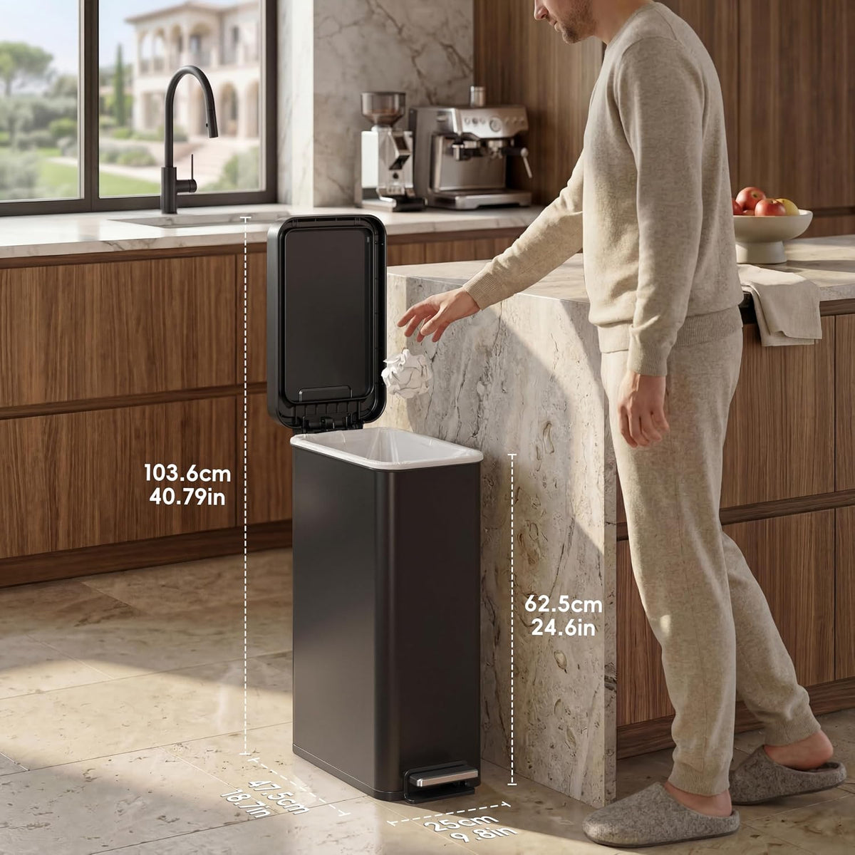 Hudson Slim 50L / 13.2 Gallon Kitchen Trash Can with Lid, Stainless Steel Step Garbage Can for Kitchen or Home, Space-Saving Garbage Can with Soft Close Lid, Stay-Open, Liner Ring, Handle