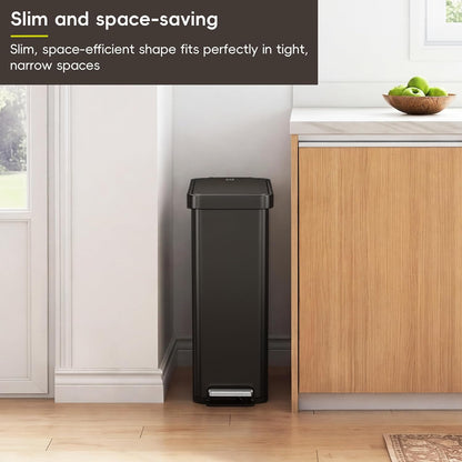 Hudson Slim 50L / 13.2 Gallon Kitchen Trash Can with Lid, Stainless Steel Step Garbage Can for Kitchen or Home, Space-Saving Garbage Can with Soft Close Lid, Stay-Open, Liner Ring, Handle
