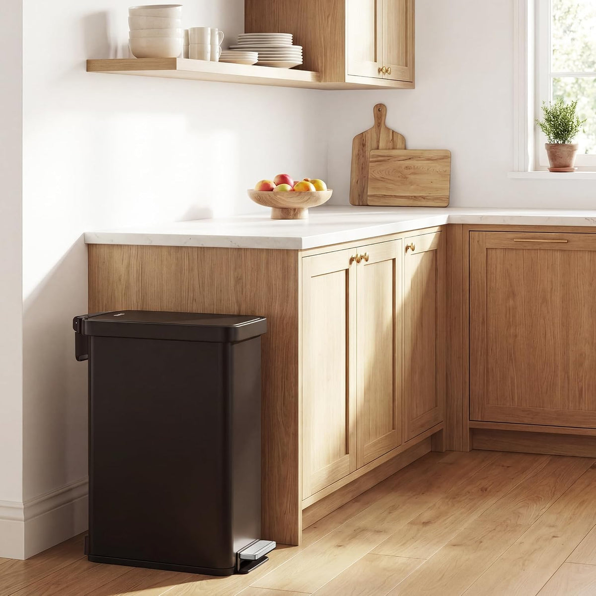 Hudson Slim 50L / 13.2 Gallon Kitchen Trash Can with Lid, Stainless Steel Step Garbage Can for Kitchen or Home, Space-Saving Garbage Can with Soft Close Lid, Stay-Open, Liner Ring, Handle