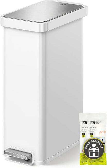 Hudson Slim 50L / 13.2 Gallon Kitchen Trash Can with Lid, Stainless Steel Step Garbage Can for Kitchen or Home, Space-Saving Garbage Can with Soft Close Lid, Stay-Open, Liner Ring, Handle