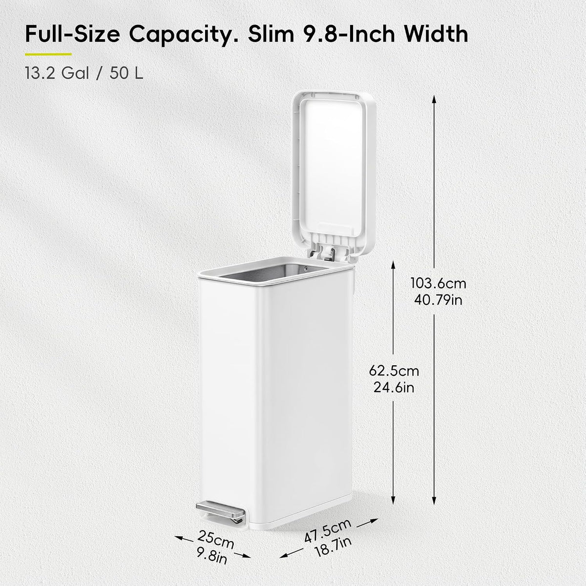 Hudson Slim 50L / 13.2 Gallon Kitchen Trash Can with Lid, Stainless Steel Step Garbage Can for Kitchen or Home, Space-Saving Garbage Can with Soft Close Lid, Stay-Open, Liner Ring, Handle