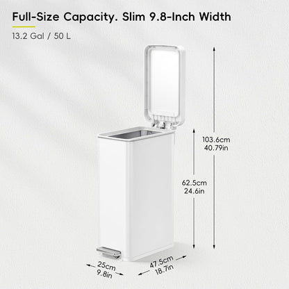 Hudson Slim 50L / 13.2 Gallon Kitchen Trash Can with Lid, Stainless Steel Step Garbage Can for Kitchen or Home, Space-Saving Garbage Can with Soft Close Lid, Stay-Open, Liner Ring, Handle