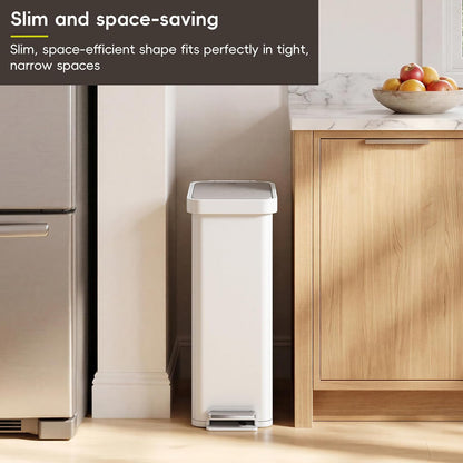 Hudson Slim 50L / 13.2 Gallon Kitchen Trash Can with Lid, Stainless Steel Step Garbage Can for Kitchen or Home, Space-Saving Garbage Can with Soft Close Lid, Stay-Open, Liner Ring, Handle