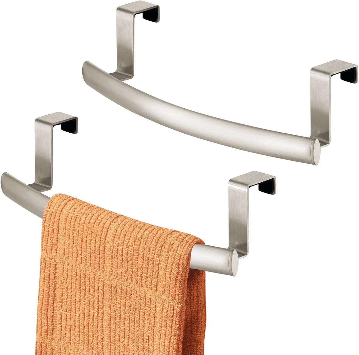 Steel Over Door Curved Towel Bar Storage, Hanger for Cabinet or Cupboard, Holder Rack for Kitchen, Bathroom - Holds Hand/Dish Towels, Washcloths - Spira Collection - 2 Pack - Brushed Chrome