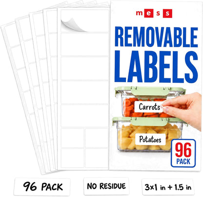 Removable Food Labels for Containers (96-Pack) 1x3 & 1.5" Erasable Kitchen Labels for Organizing, Freezer & Fridge, White Dry Erase Labels for Jars