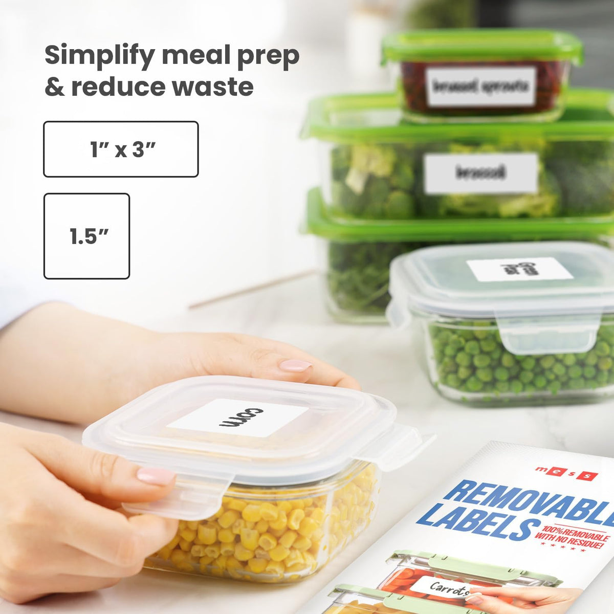 Removable Food Labels for Containers (96-Pack) 1x3 & 1.5" Erasable Kitchen Labels for Organizing, Freezer & Fridge, White Dry Erase Labels for Jars