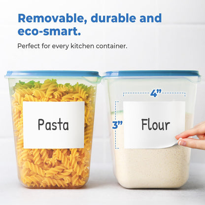 Removable Food Labels for Containers (96-Pack) 1x3 & 1.5" Erasable Kitchen Labels for Organizing, Freezer & Fridge, White Dry Erase Labels for Jars
