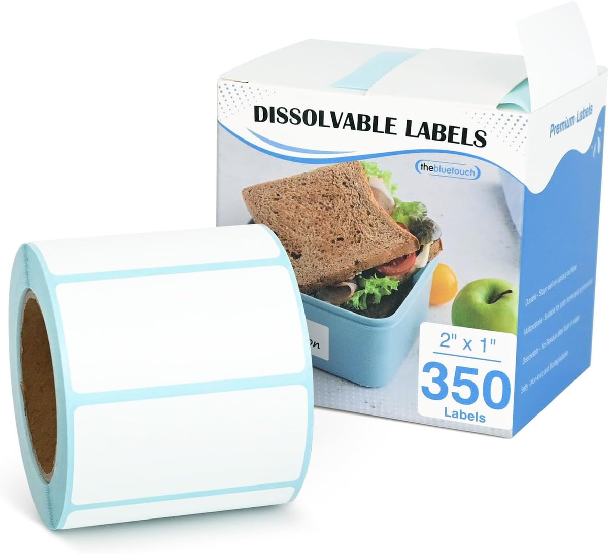 350（1 Rolls） Dissolvable Food Labels with Dispenser, 1" x 2" | BPA-Free Water Dissolving Labels, No Residue, Ideal for Freezer Meal Prep Containers, Glass Jars & Storage Bags