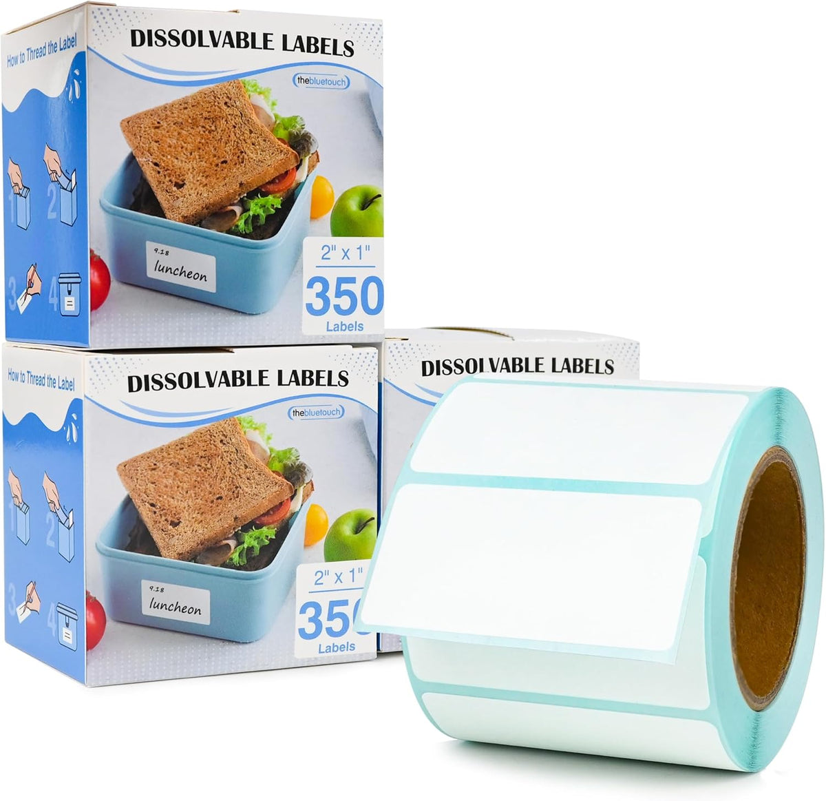 350（1 Rolls） Dissolvable Food Labels with Dispenser, 1" x 2" | BPA-Free Water Dissolving Labels, No Residue, Ideal for Freezer Meal Prep Containers, Glass Jars & Storage Bags