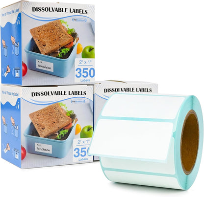 350（1 Rolls） Dissolvable Food Labels with Dispenser, 1" x 2" | BPA-Free Water Dissolving Labels, No Residue, Ideal for Freezer Meal Prep Containers, Glass Jars & Storage Bags