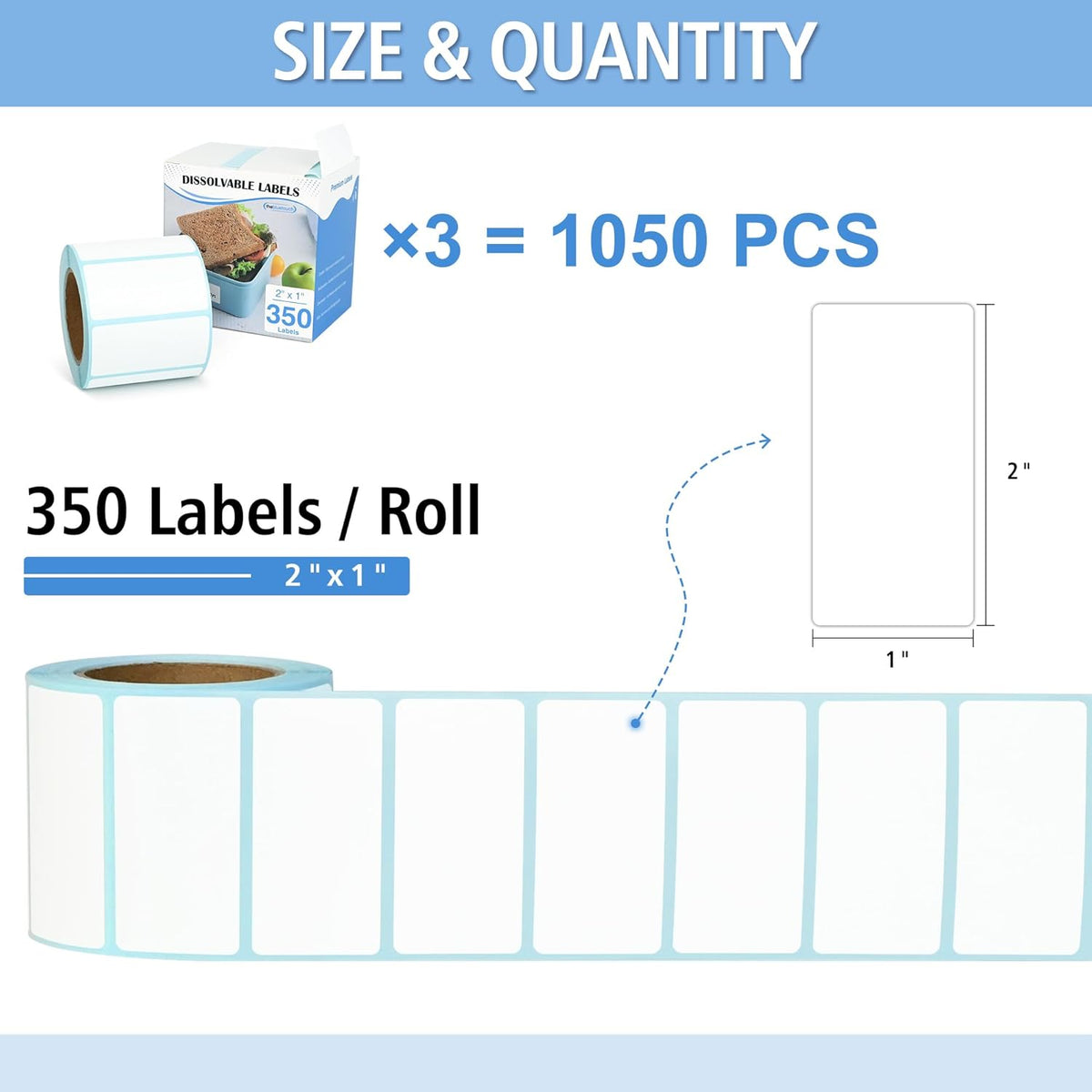 350（1 Rolls） Dissolvable Food Labels with Dispenser, 1" x 2" | BPA-Free Water Dissolving Labels, No Residue, Ideal for Freezer Meal Prep Containers, Glass Jars & Storage Bags