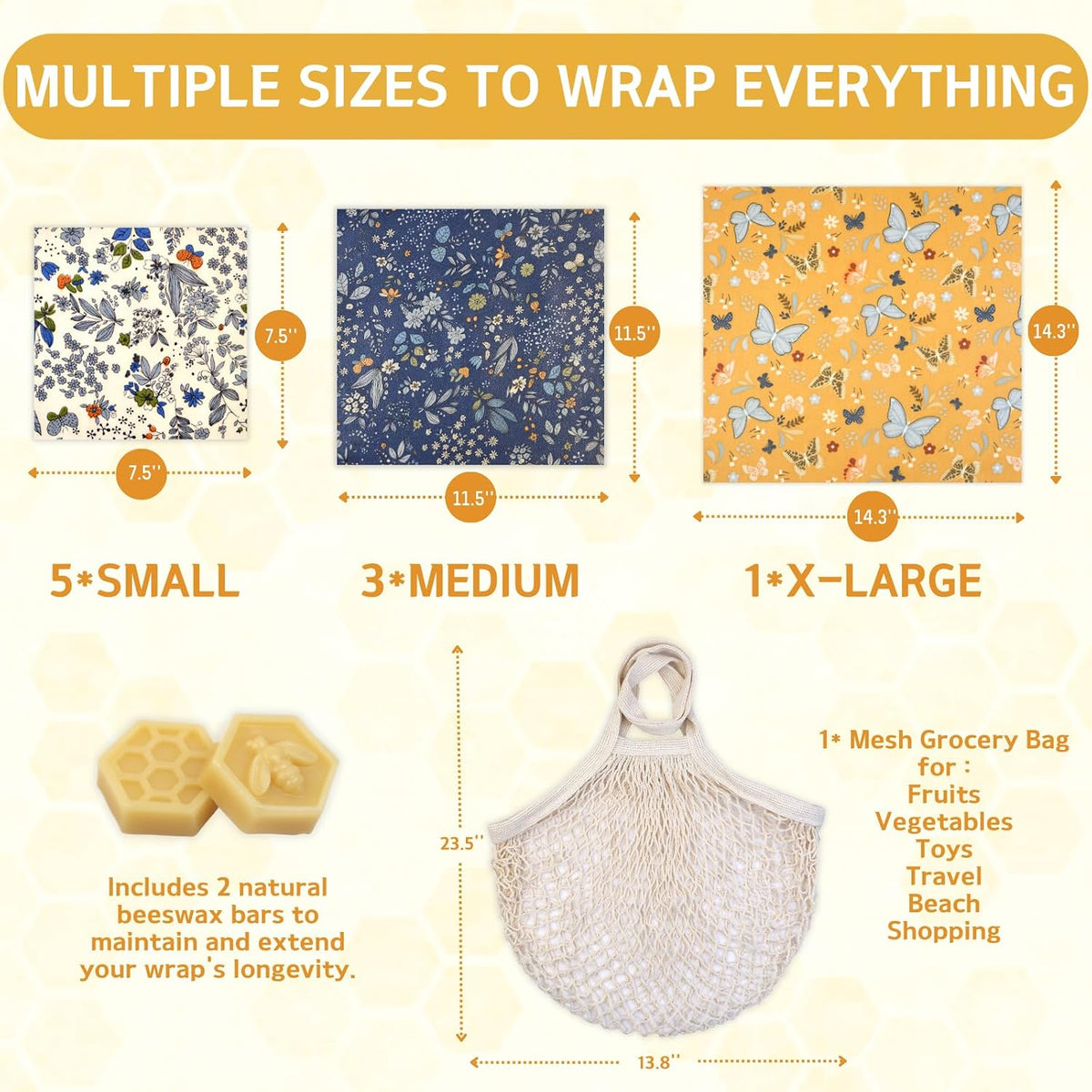 Reusable Beeswax Wrap - 9 Pack Beeswax Wraps for Food, Eco-Friendly Beeswax Food Wraps, Bread Sandwich Wrapper - Organic, Sustainable, Zero Waste, Reusable Plastic-Free Food Storage Wrap, 1XL, 3M, 5S