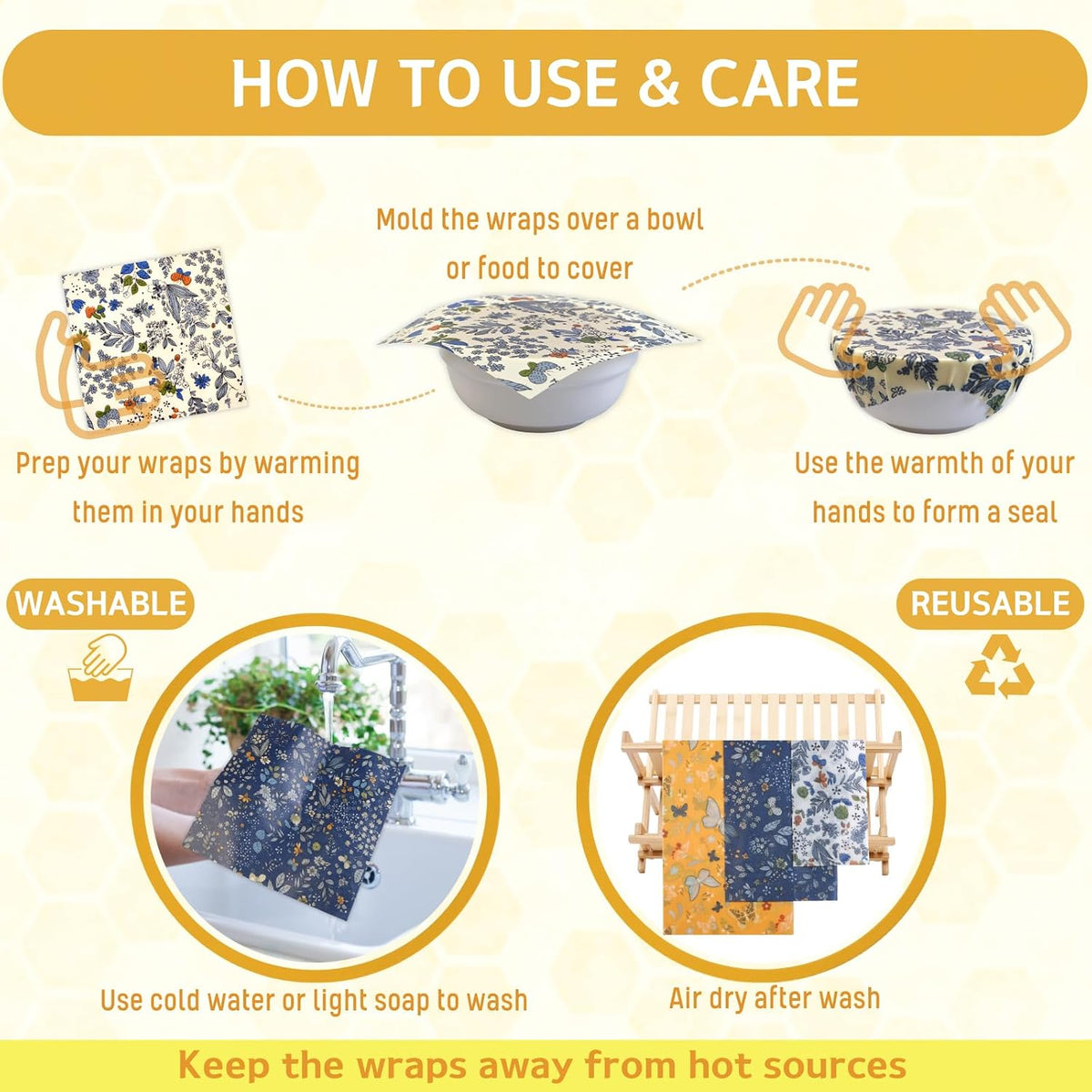 Reusable Beeswax Wrap - 9 Pack Beeswax Wraps for Food, Eco-Friendly Beeswax Food Wraps, Bread Sandwich Wrapper - Organic, Sustainable, Zero Waste, Reusable Plastic-Free Food Storage Wrap, 1XL, 3M, 5S