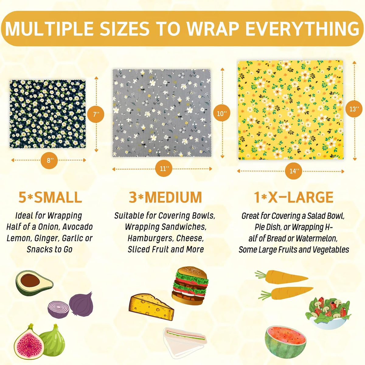 Reusable Beeswax Wrap - 9 Pack Beeswax Wraps for Food, Eco-Friendly Beeswax Food Wraps, Bread Sandwich Wrapper - Organic, Sustainable, Zero Waste, Reusable Plastic-Free Food Storage Wrap, 1XL, 3M, 5S