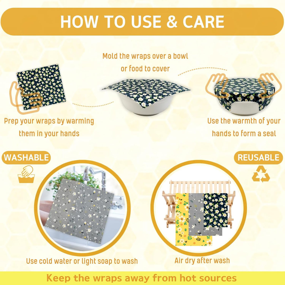 Reusable Beeswax Wrap - 9 Pack Beeswax Wraps for Food, Eco-Friendly Beeswax Food Wraps, Bread Sandwich Wrapper - Organic, Sustainable, Zero Waste, Reusable Plastic-Free Food Storage Wrap, 1XL, 3M, 5S