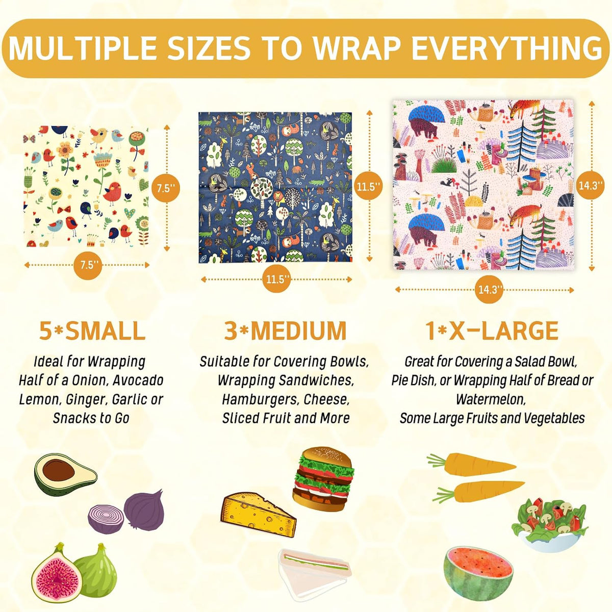Reusable Beeswax Wrap - 9 Pack Beeswax Wraps for Food, Eco-Friendly Beeswax Food Wraps, Bread Sandwich Wrapper - Organic, Sustainable, Zero Waste, Reusable Plastic-Free Food Storage Wrap, 1XL, 3M, 5S