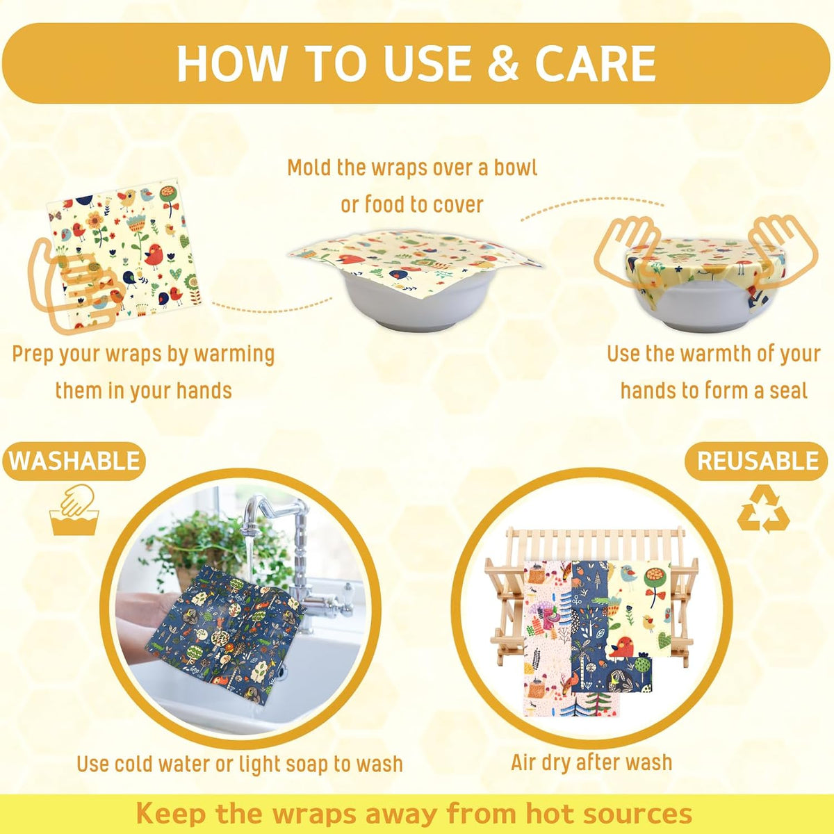 Reusable Beeswax Wrap - 9 Pack Beeswax Wraps for Food, Eco-Friendly Beeswax Food Wraps, Bread Sandwich Wrapper - Organic, Sustainable, Zero Waste, Reusable Plastic-Free Food Storage Wrap, 1XL, 3M, 5S
