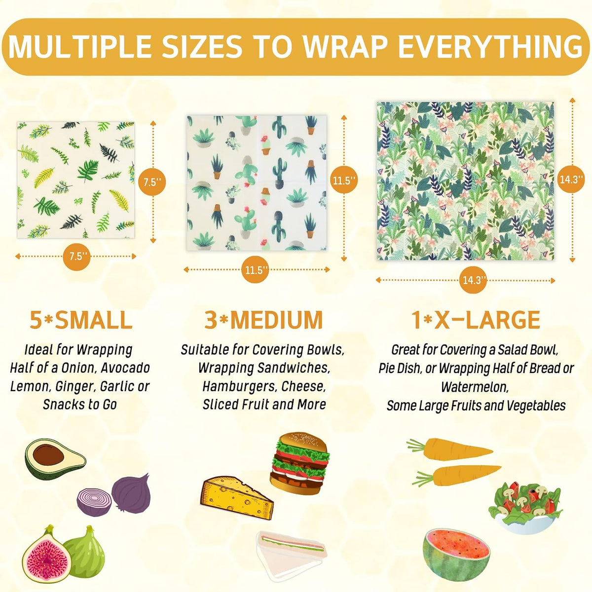 Reusable Beeswax Wrap - 9 Pack Beeswax Wraps for Food, Eco-Friendly Beeswax Food Wraps, Bread Sandwich Wrapper - Organic, Sustainable, Zero Waste, Reusable Plastic-Free Food Storage Wrap, 1XL, 3M, 5S