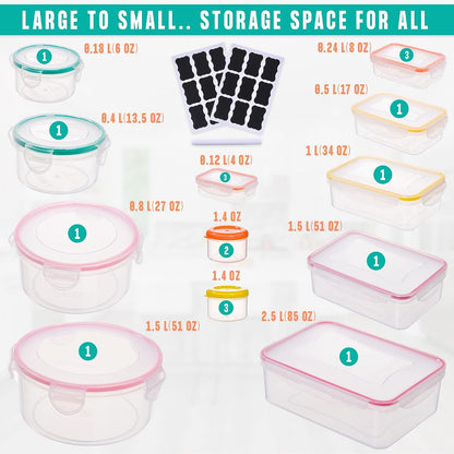 Large Food Storage Containers with Lids Airtight-85 OZ to small Containers-Total 526OZ Stackable Kitchen Set -BPA Free Leak proof containers- Freezer Microwave safe